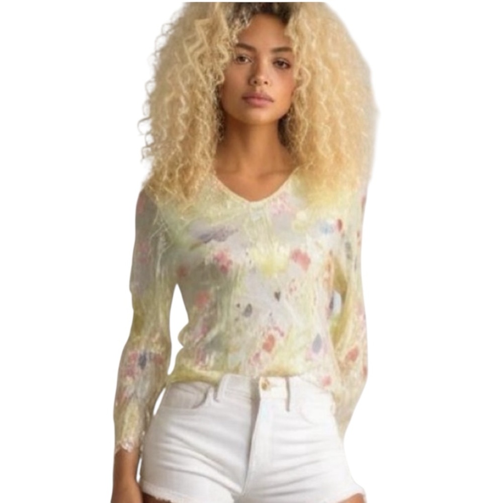 Vtg 90’s Yellow Floral Pastel Sheer Citrus Garden Print Asymmetric Women's L Top